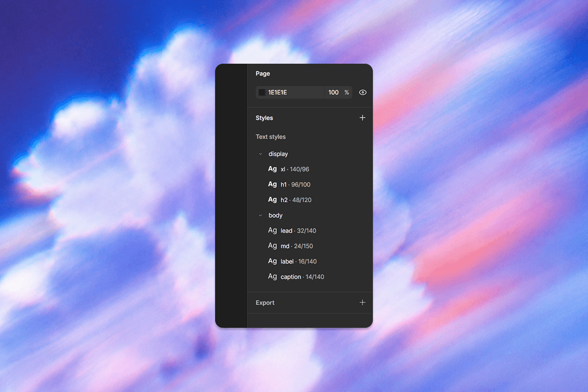 Figma's text styles panel with a display group and a body group.